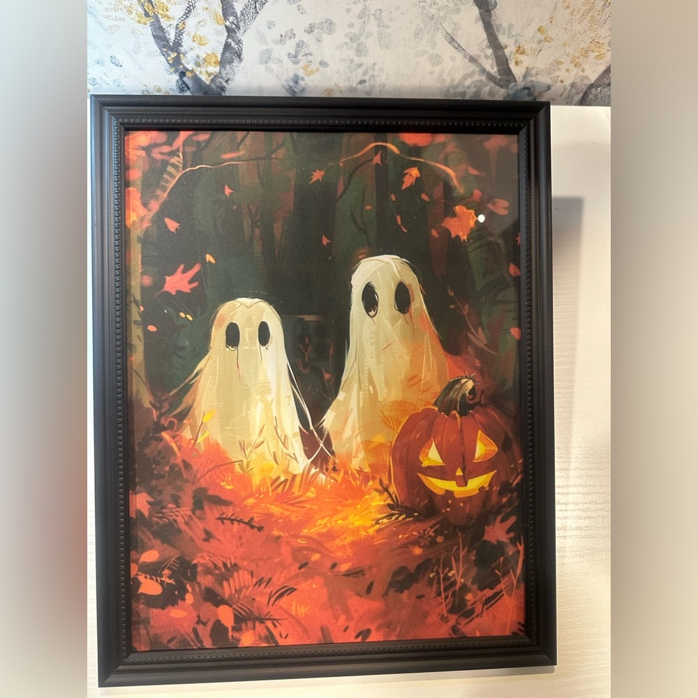 Ghosts in the woods with glowing pumpkin framed 8x10”